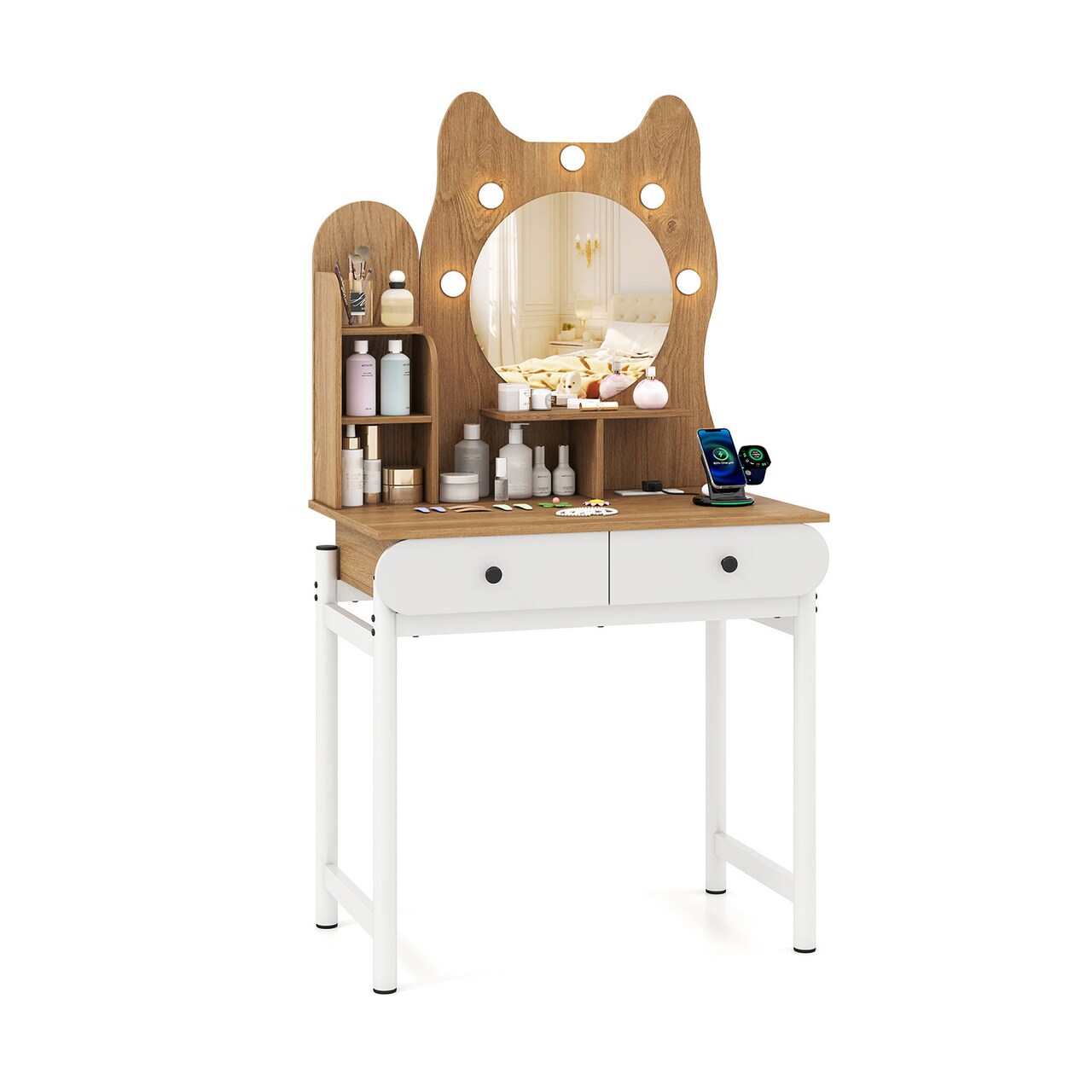 Kitty-Themed Vanity Desk with Mirror, Lights, and Built-In Power Outlets